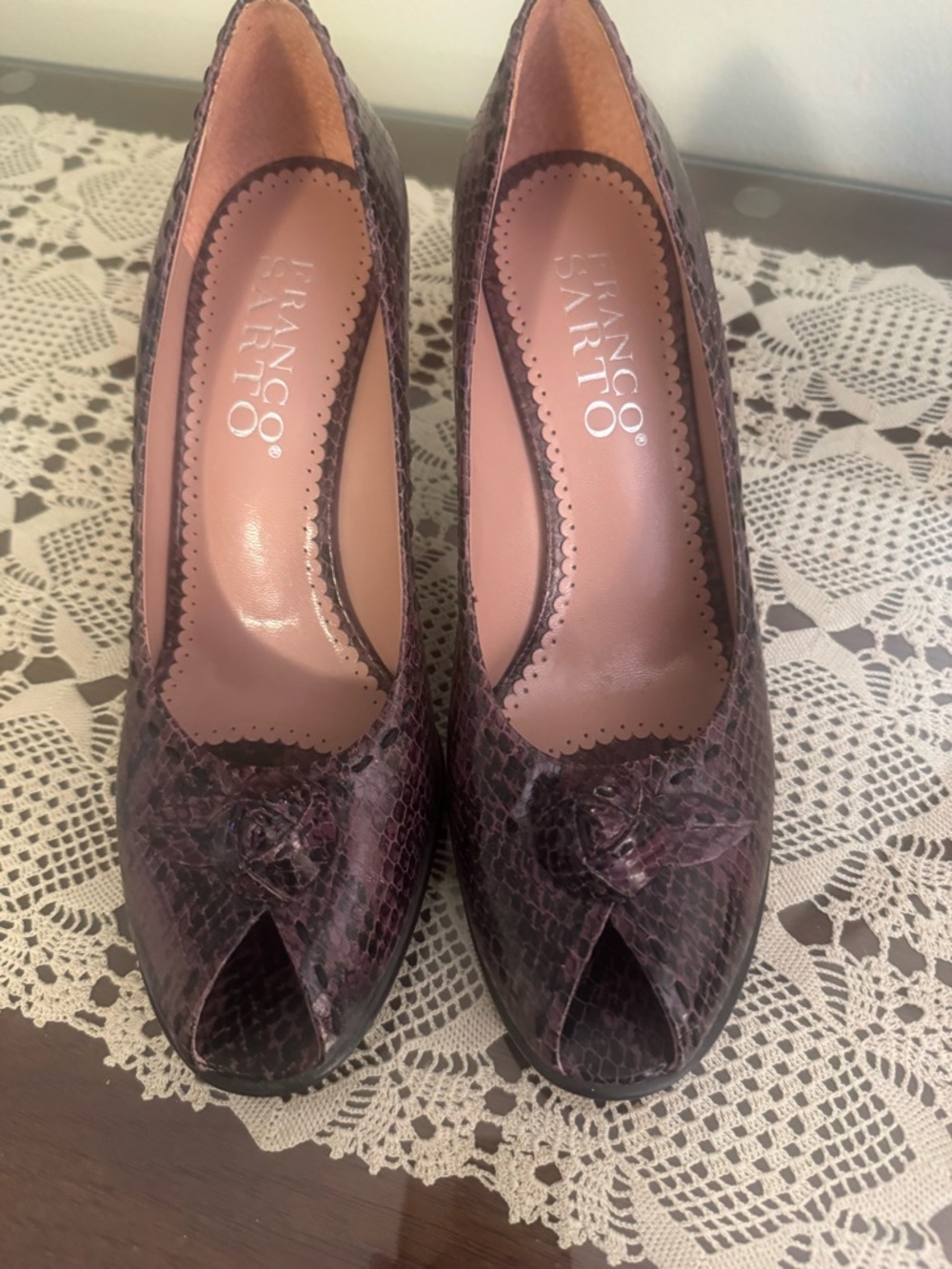 Franco Sarto Burgundy Snakeskin Peep-Toe Pumps with Rosette Detail